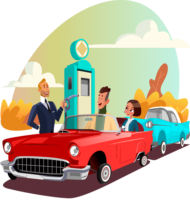 Cars wait in line at a gas station to get filled up on petrol by a businessman in a classy suit. Illustration. 