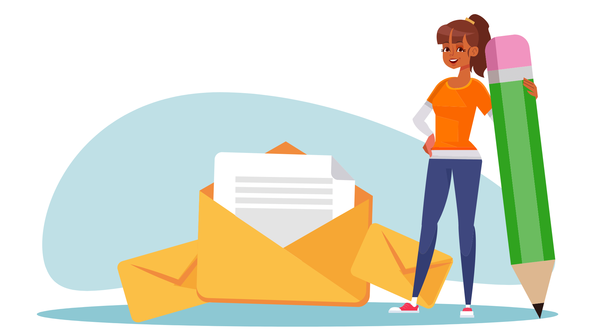 A person holding a pencil next to emails. Illustration.