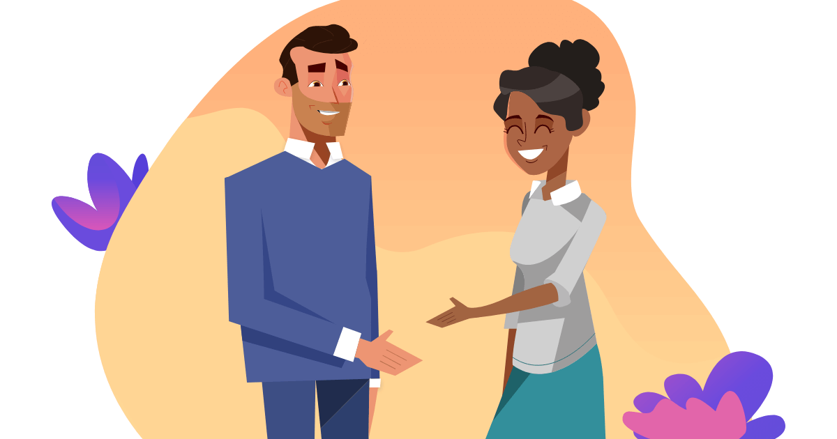 A happy employee shaking hands with the employer. Illustration.