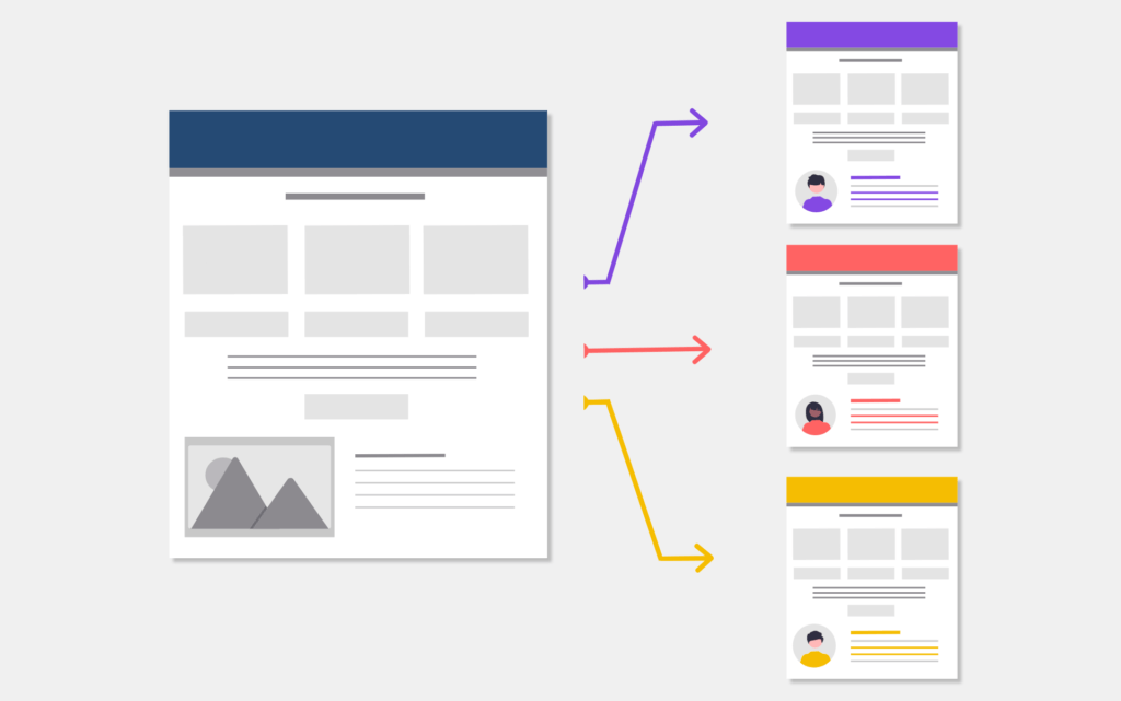 One email campaign creates personalized versions of the email depending on the contact. Illustration.