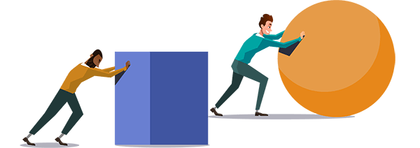 One man pushing a sphere forward with ease, the other one is struggling to push a cube. Illustration.
