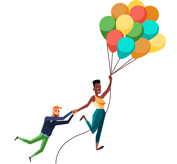A woman holds onto balloons in the air with one hand and pulls up a man with the other. Illustration.