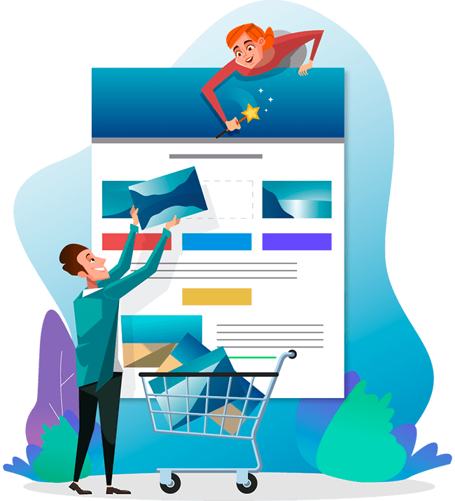 A man builds an email template by stacking modules from a shopping cart, and a woman holds a magic wand. Illustration.