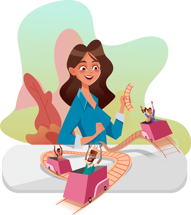 A woman building a rollercoaster, people with their hands in the air riding the rollercoaster. Illustration.