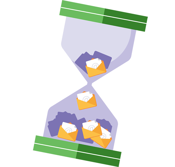 An hourglass timer with emails dripping instead of sand. Illustration.