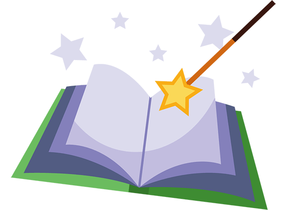 A magic wand opens up a book. Illustration. 