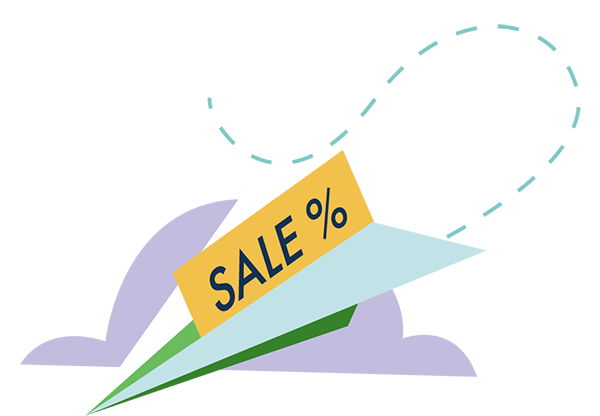 A paper plane carries a discount coupon. Illustration