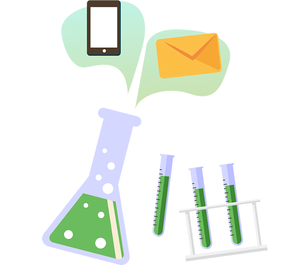 Test tubes with bubbles coming out of them, one bubble with a phone, and another one with email. Illustration.