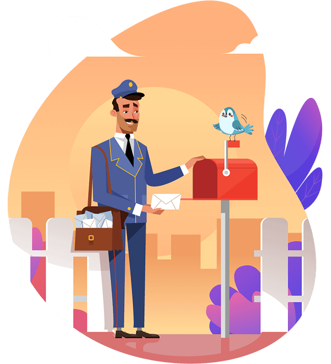 A mailman puts a letter in a mailbox. Illustration.