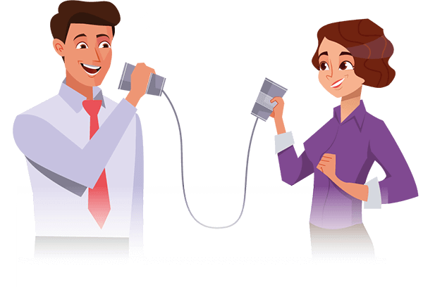 A man and a woman communicate via a plastic cup and string phone. Illustration.