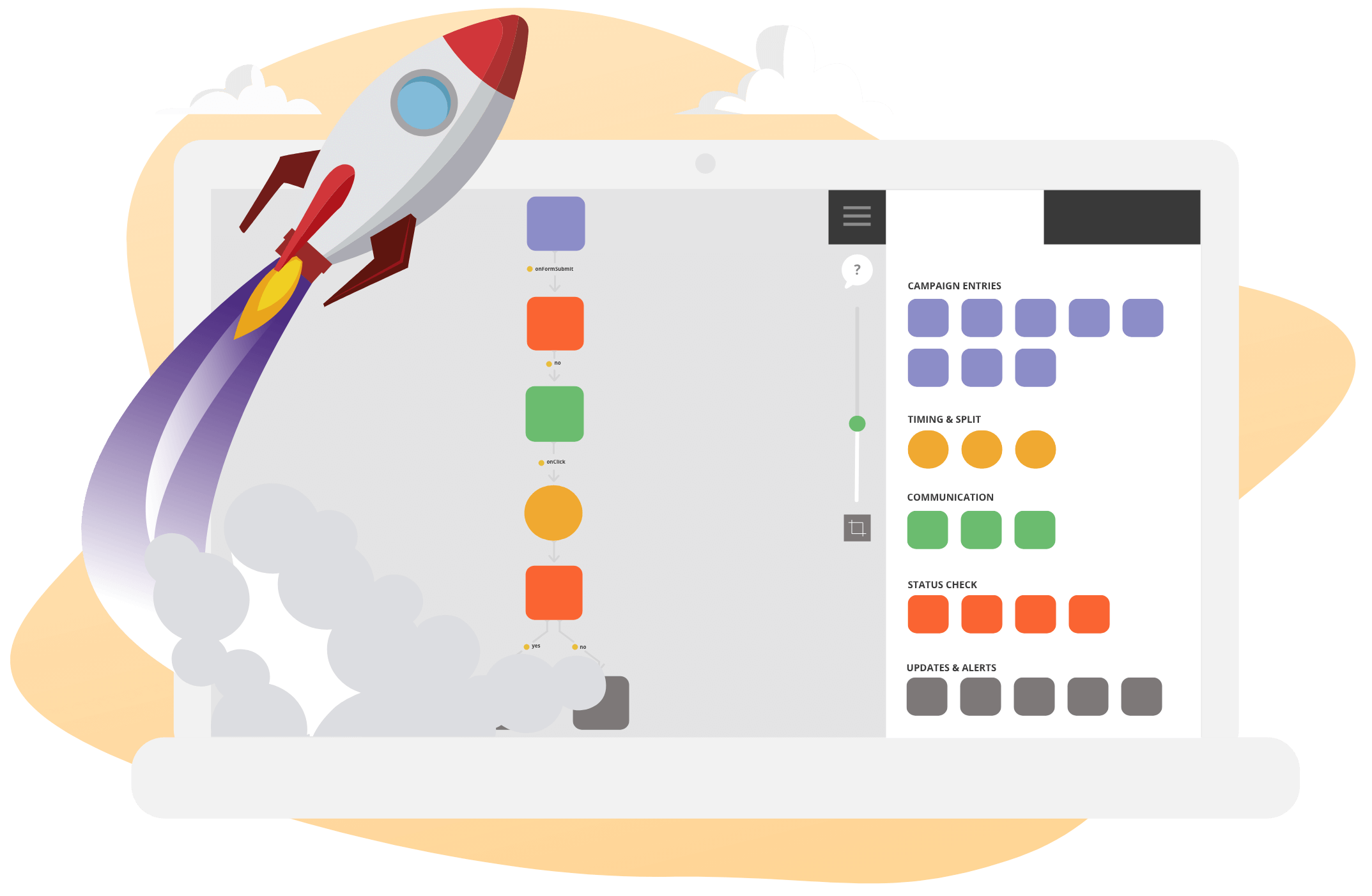 Laptop showing a Loopify automated campaign with a rocket launching from its screen. Illustration.