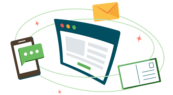 A landing page as the center of the universe, while an SMS, email, and a postcard revolve around it.  Illustration. 