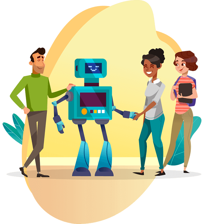 Three people shake hands and talk to the Loopify robot. Illustration.