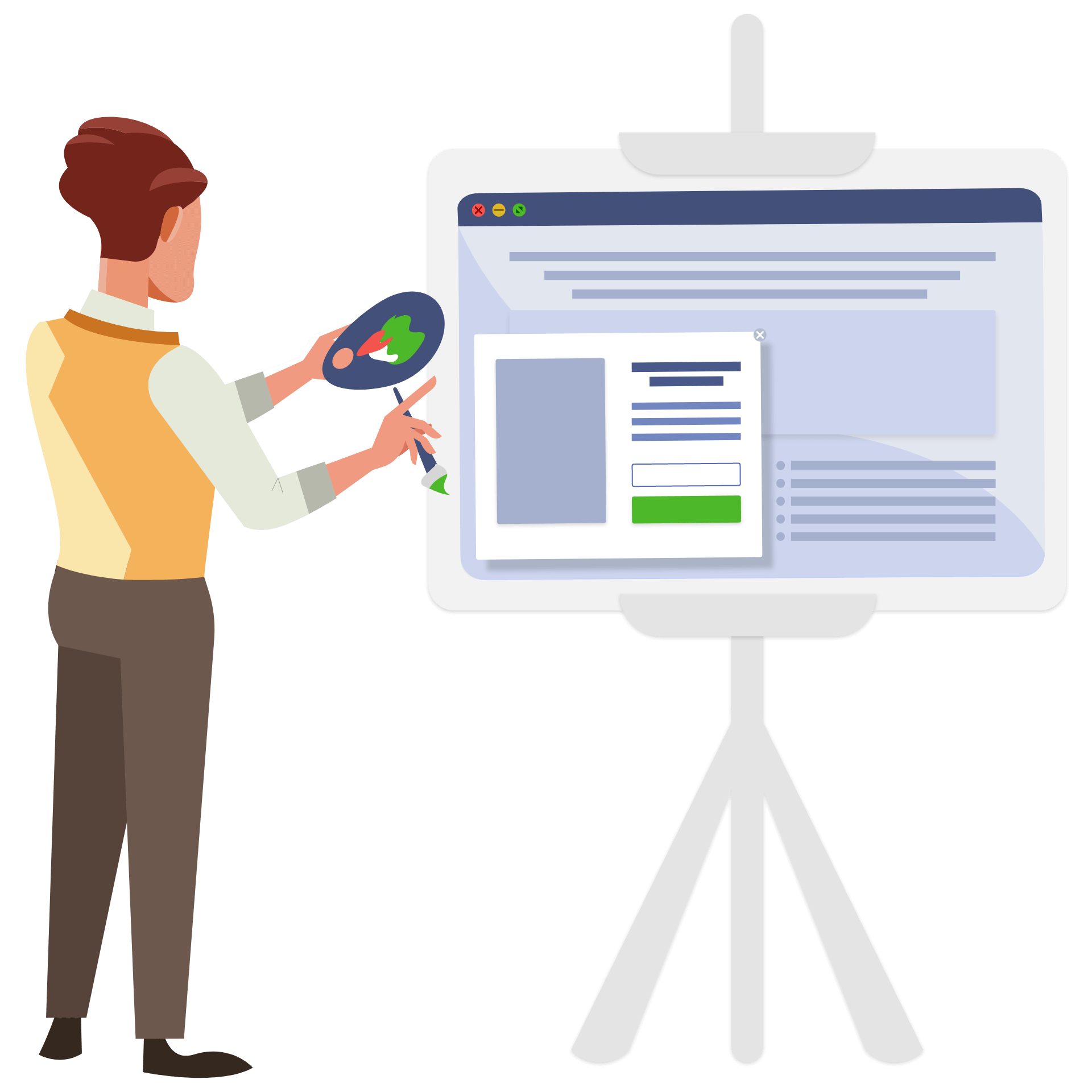 A painter next to an easel holding a website with a pop-up. Illustration.