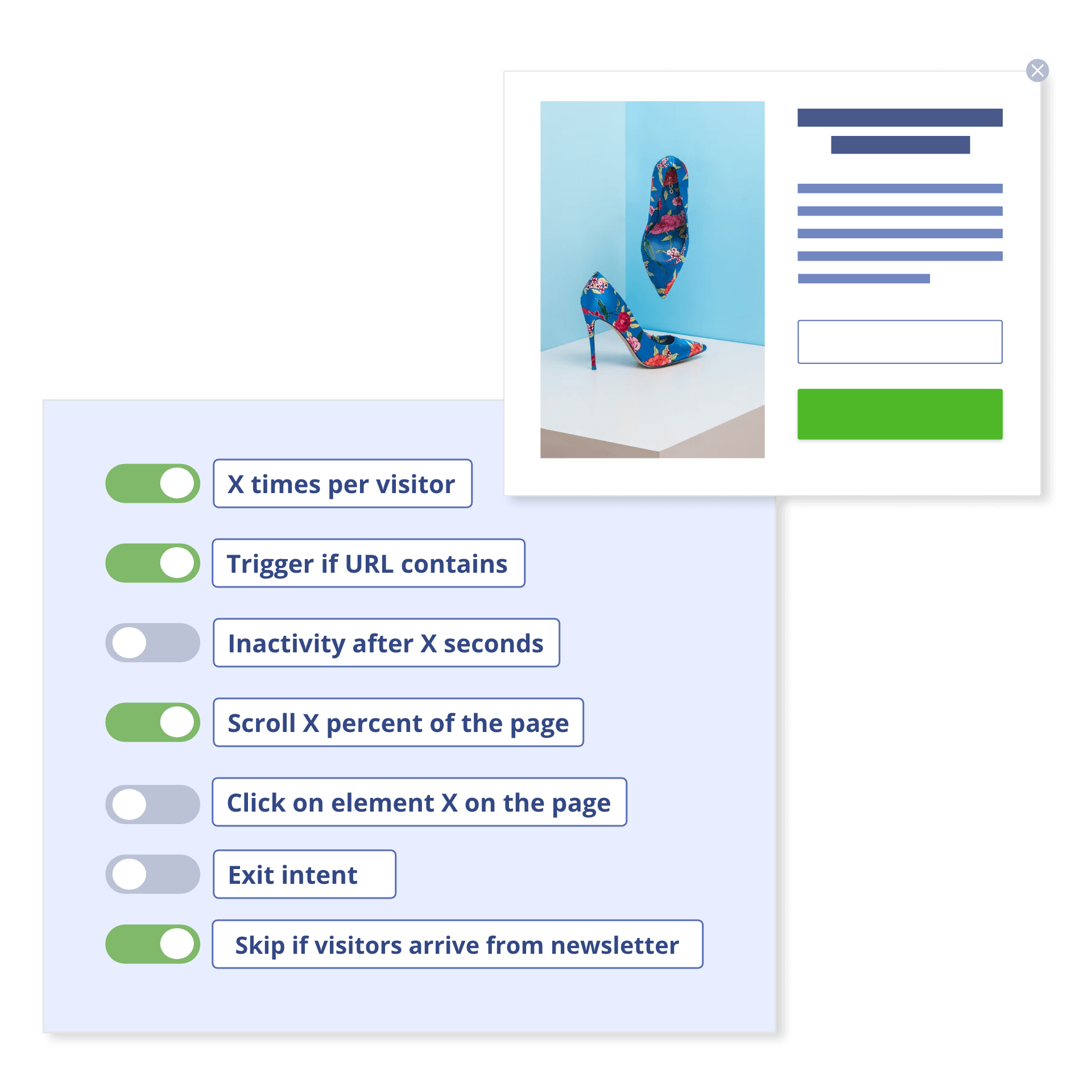 A pop-up and a list of targeting settings with toggles that are on and off. Illustration.