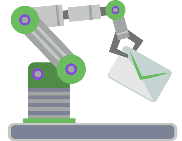 A robotic arm machine holds a letter. Illustration.