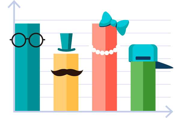 A bar graph, each bar wears human accessories representing different groups of people.  Illustration.