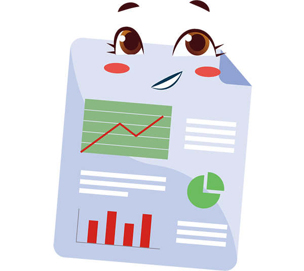 A visual report with charts, graphs, and cute cartoon eyes. Illustration.