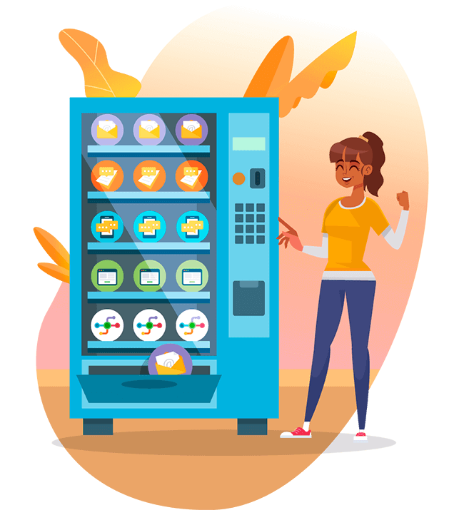 A girl next to a vending machine with different design templates.Illustration.